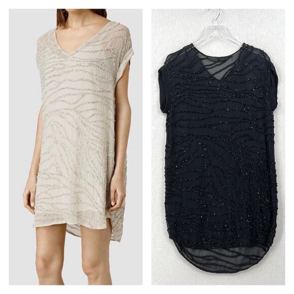 ALLSAINTS Ales Dress Womens US 2 Black Short Sleeve Sequin Embellished Shift - Picture 1 of 16
